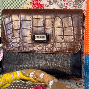 Metro Brown Croc-Embossed Flap & Black Crossbody Bag